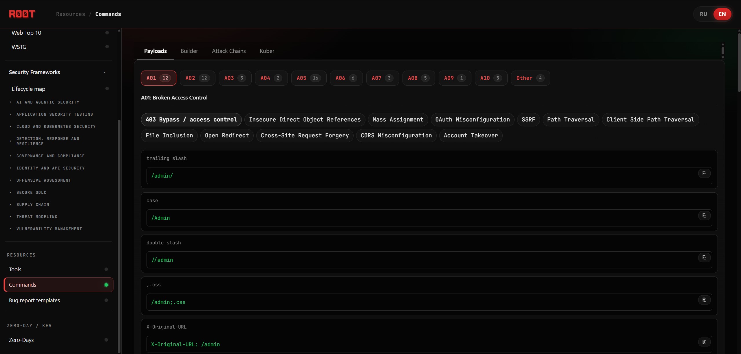 RØOT payload library, command builder and attack chains